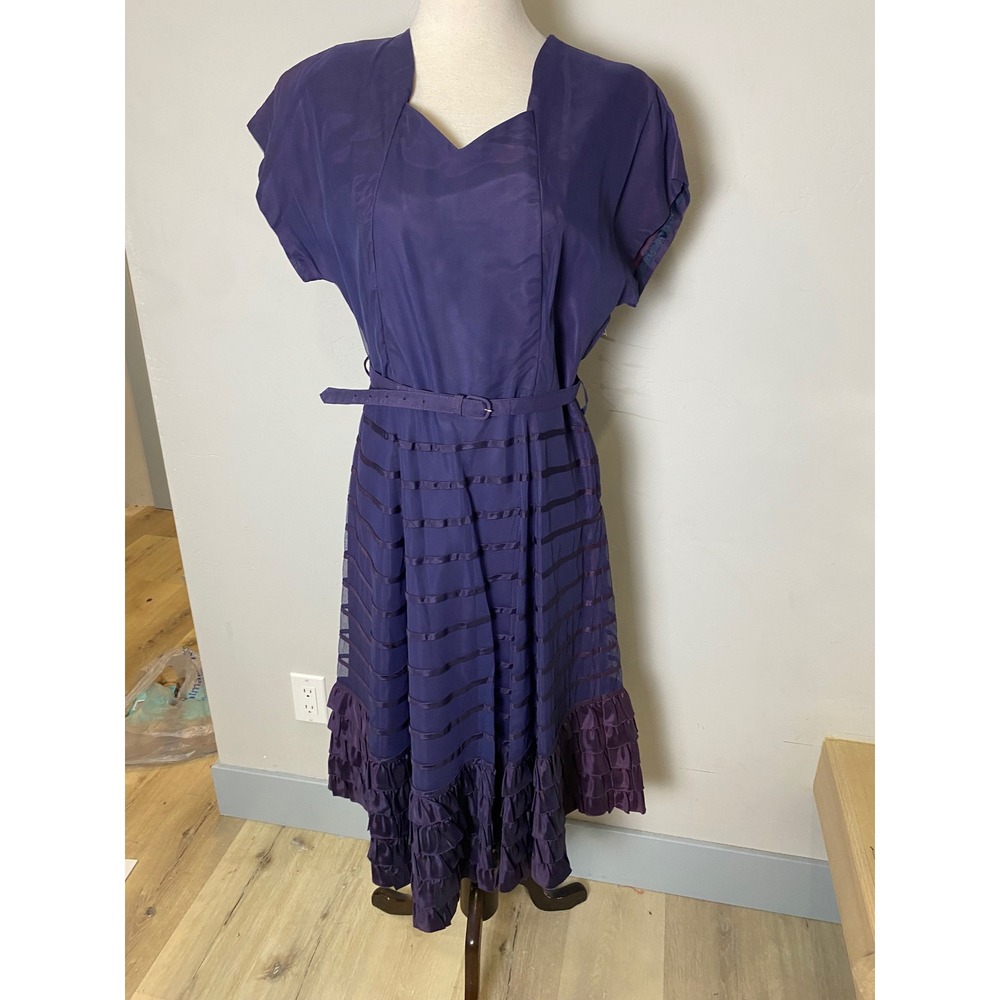 Vintage 1940s Purple Midi Dress Sheer Ribbon Tiered Ruffle Hem Side Zip Size M